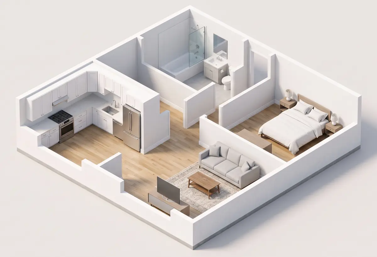 Illustration of a single story ranch house with the roof off, showing a kitchen, a bathroom, a living room and a bedroom